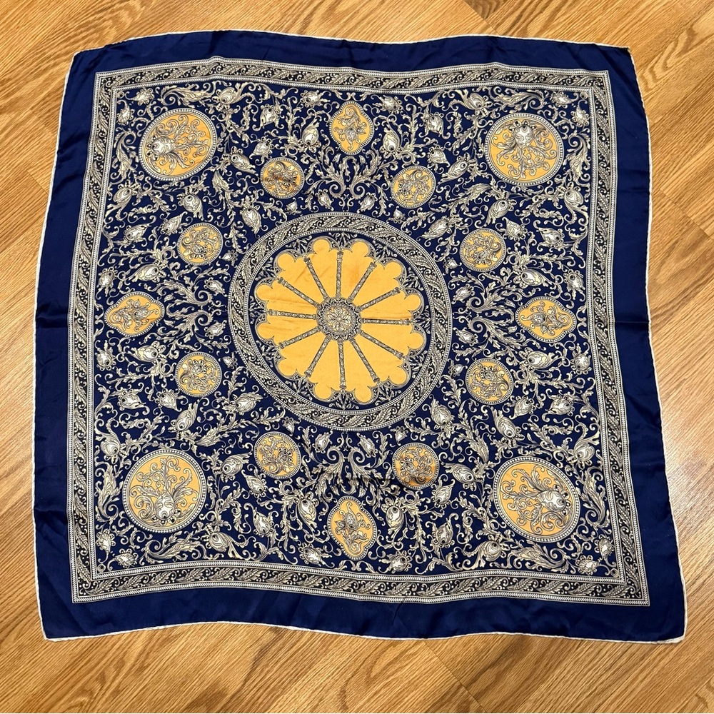 Elegant‎ Navy Blue and Peach Patterned Silk Scarf